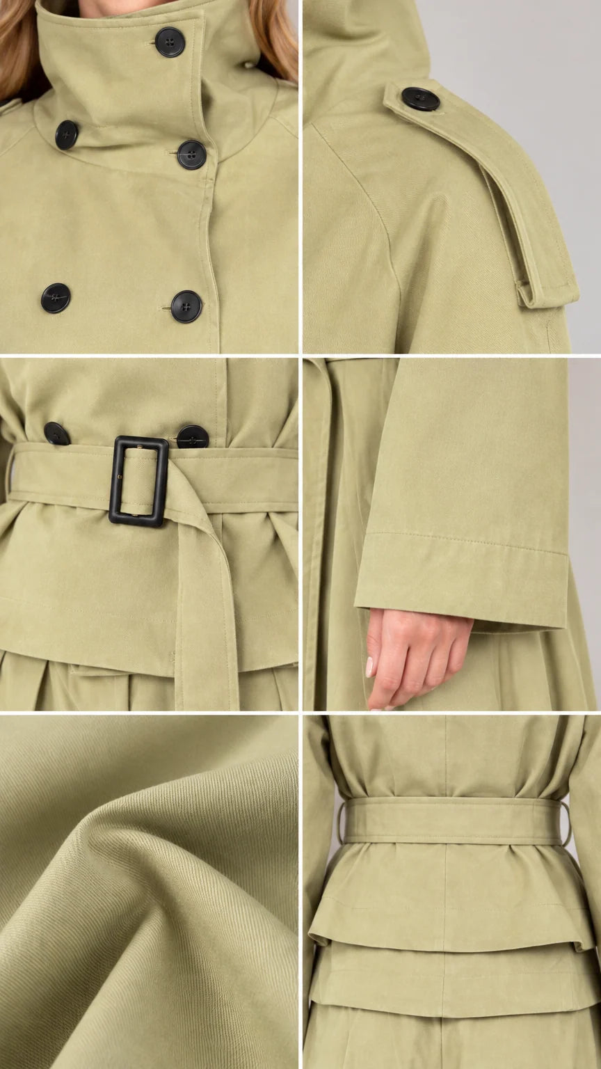 Close-up details of collar buttons, shoulder epaulets, waist belt, and woven fabric