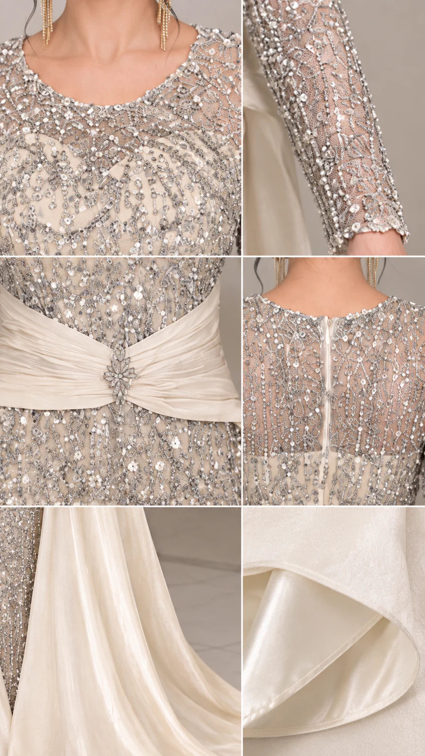 Close-up details of sequin embroidery, beaded sleeves, crystal waist brooch, and hemline