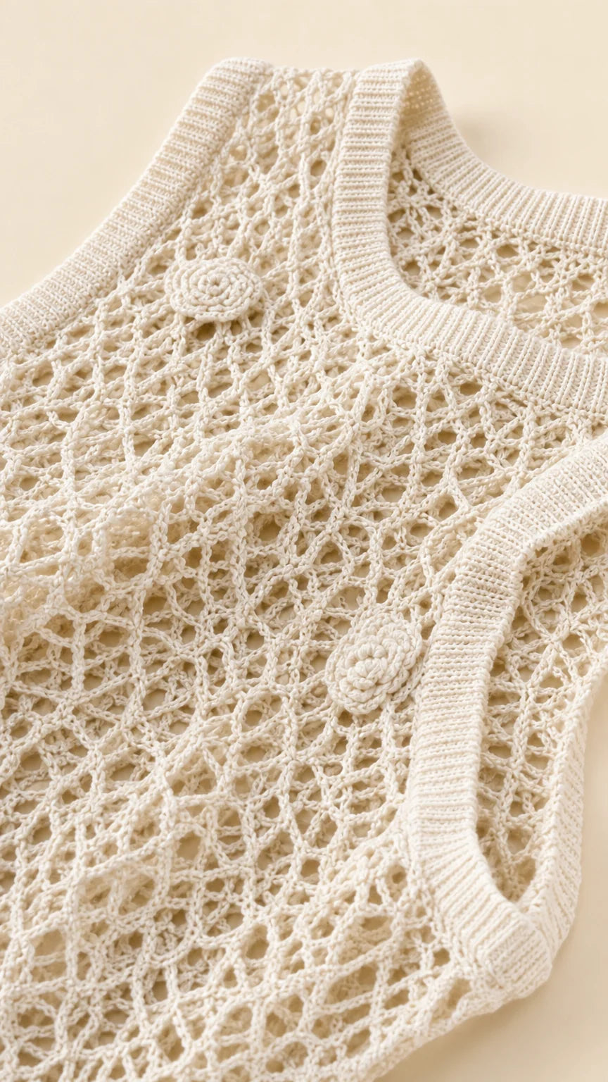 Close-up detail of beige crochet knit texture and neckline