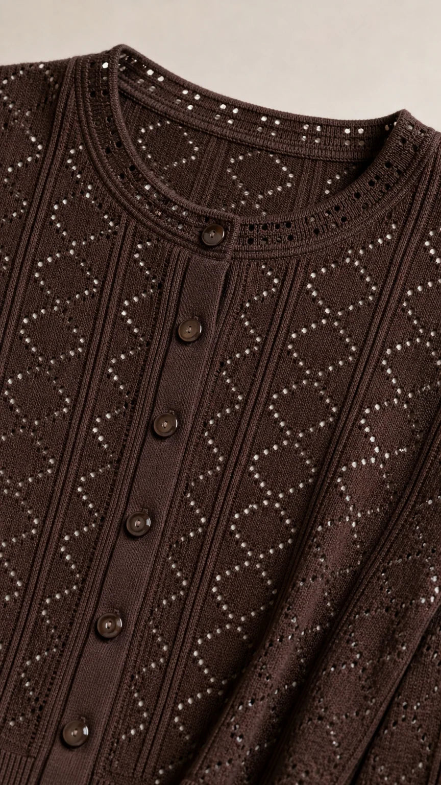 Close-up detail of Chocolate Brown openwork pointelle knit pattern and buttons