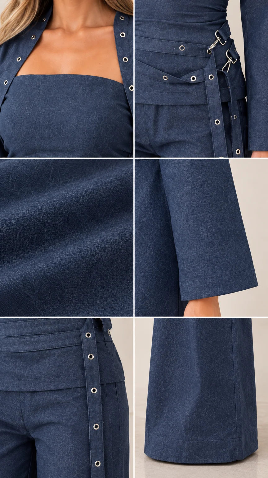 Close-up details of fabric texture, grommet trim, and belt hardware on the navy blue set