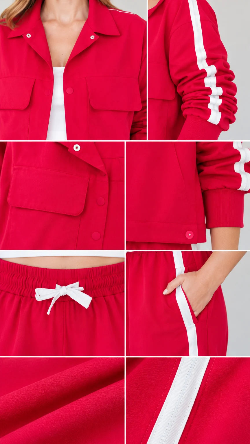 Detail composite image showing collar, flap pockets, drawstring waist, and fabric texture of red tracksuit