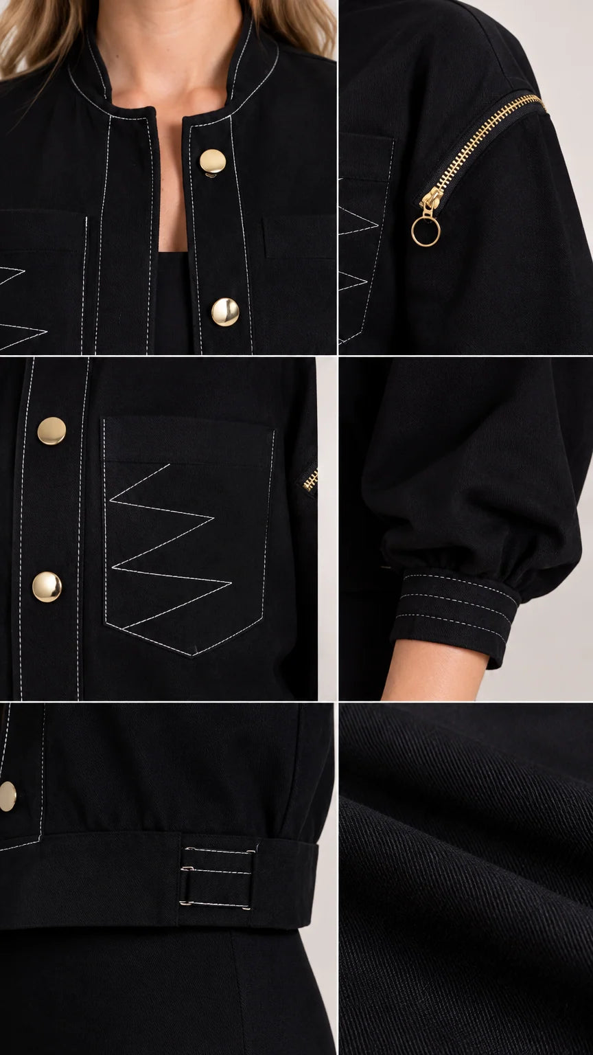 Close-up details of black cropped jacket collar, snap buttons, pocket stitching, sleeve zipper, and cuffs