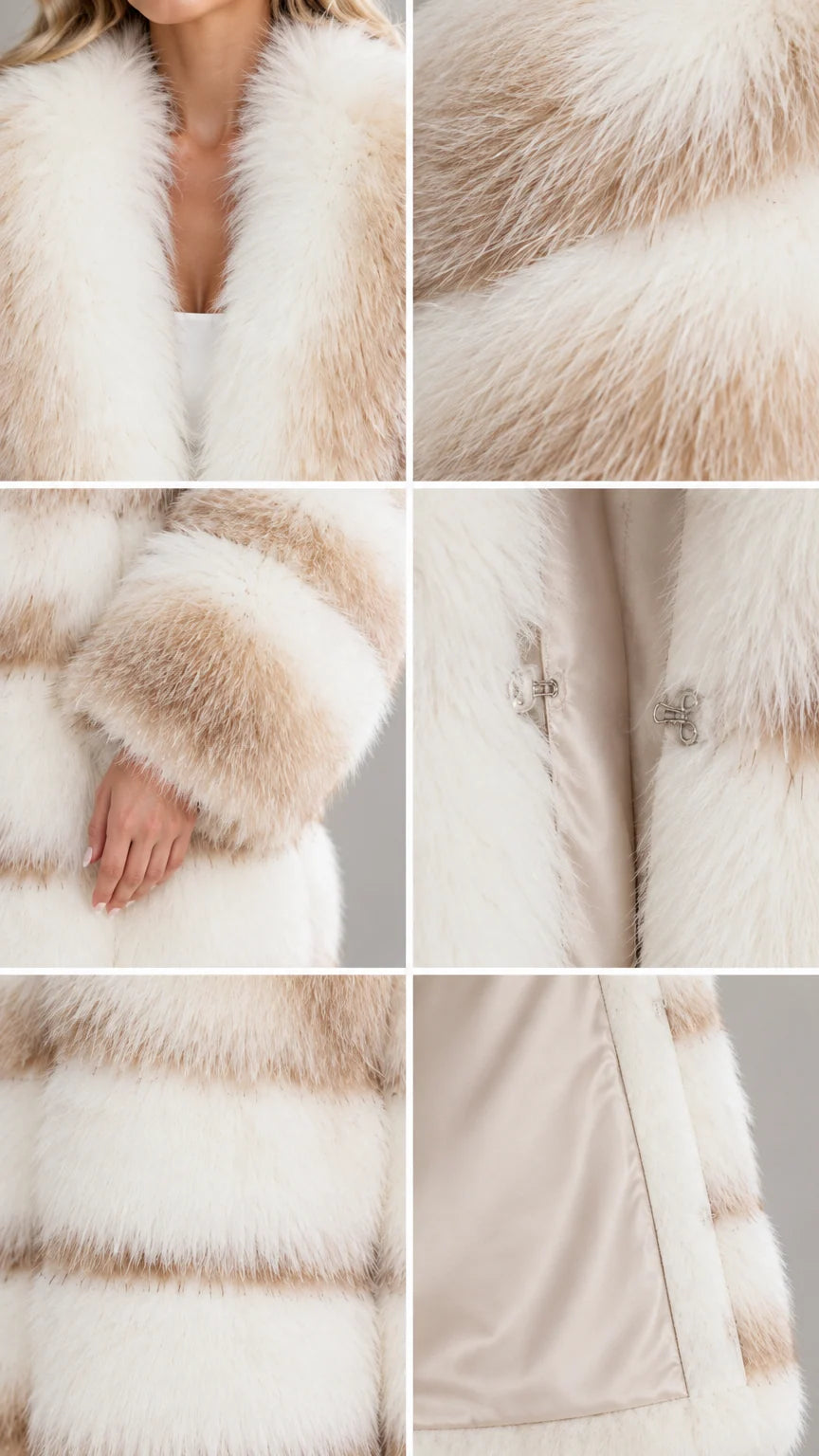 Close-up details of faux fur collar, sleeve cuff, hook closure, and inner lining