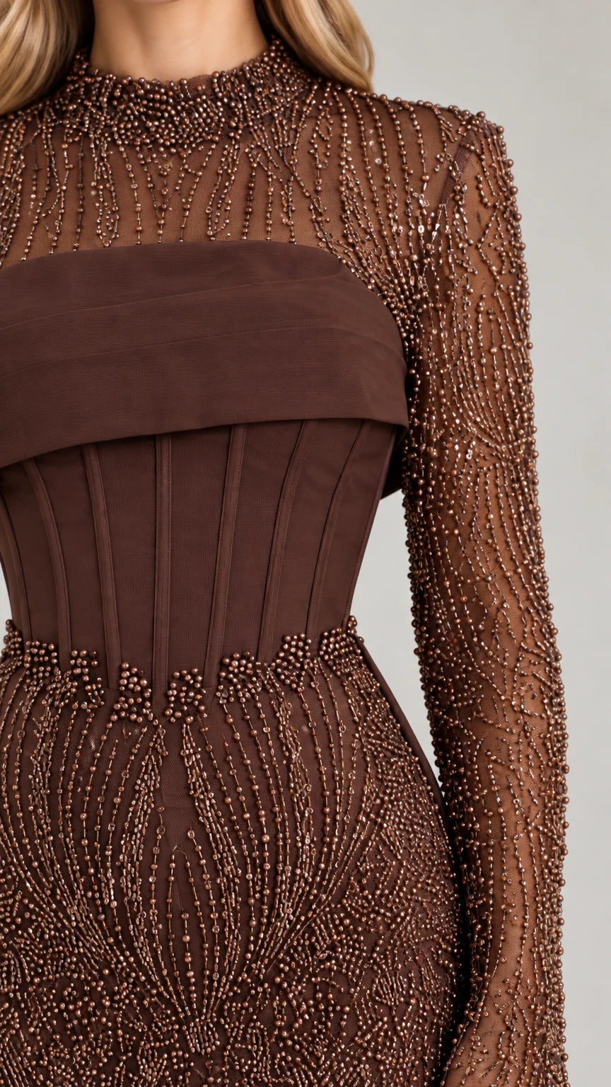 Close-up detail of illusion beaded high neck, corset boning, and intricate beadwork