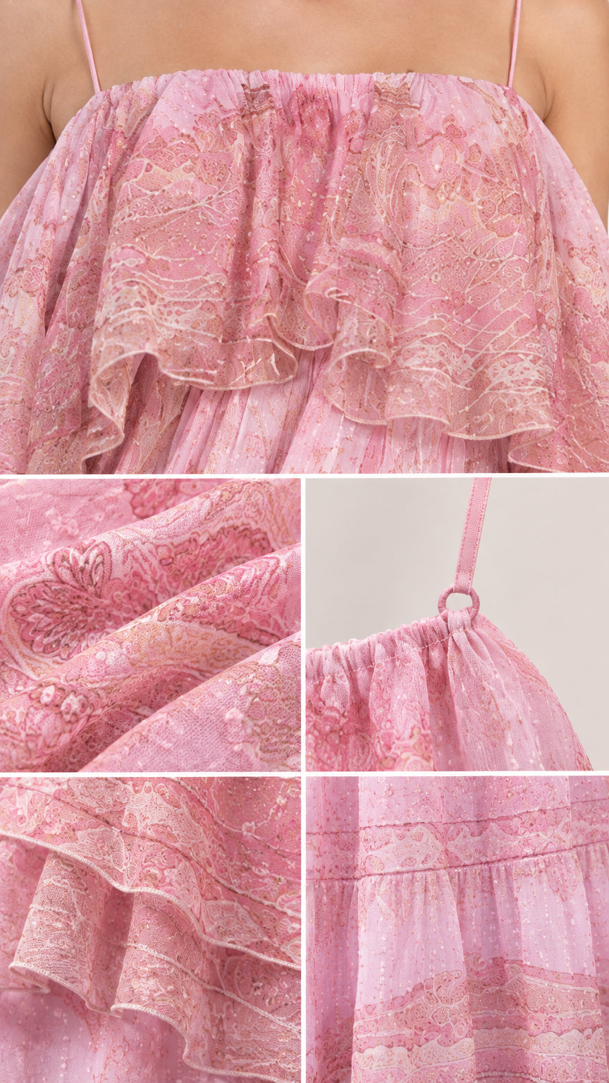 Detailed close-up collage of ruffle neckline, fabric texture, and strap detail