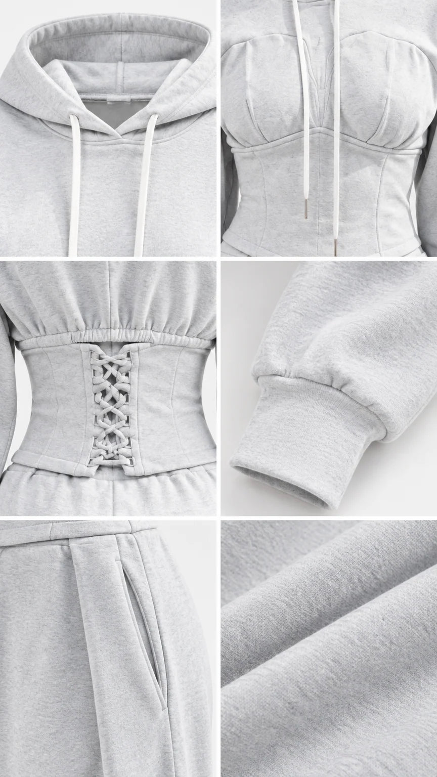 Close-up details of hood drawstrings, corset seams, lace-up back, cuff, and pocket