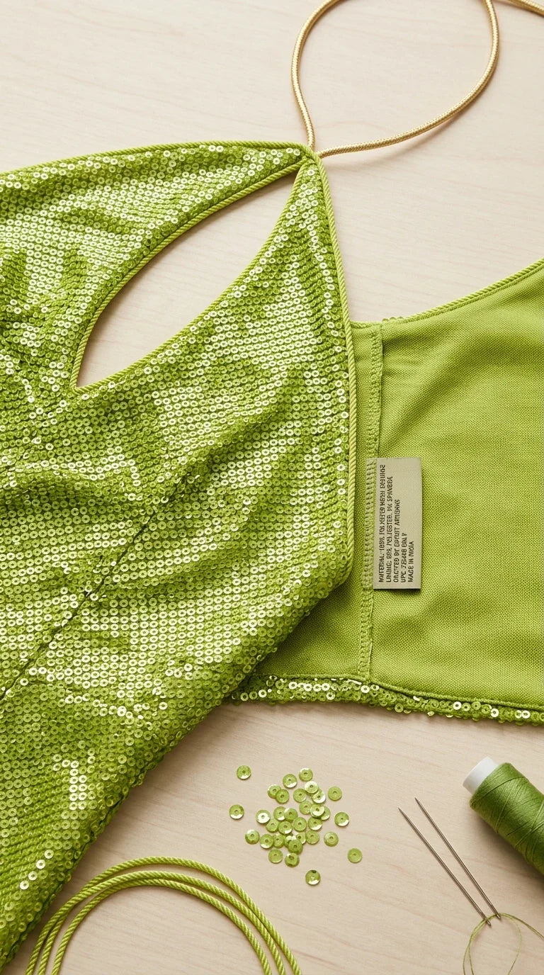 Close-up detail of lime green sequin fabric, halter cord, and lining construction