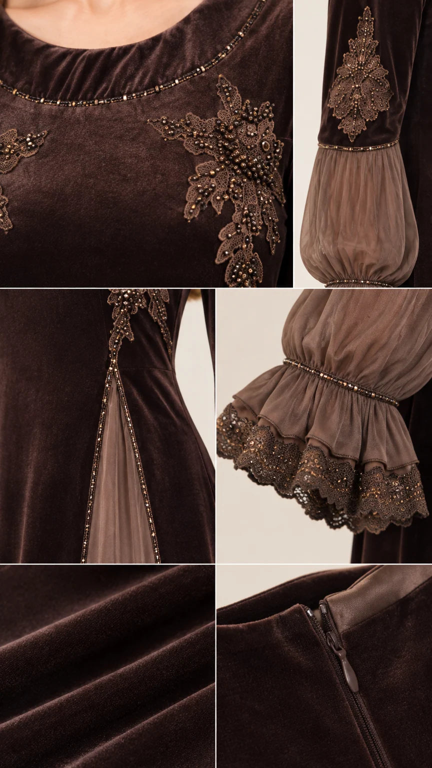 Close-up details of intricate floral embroidery, beading, ruffled cuffs, and concealed zipper