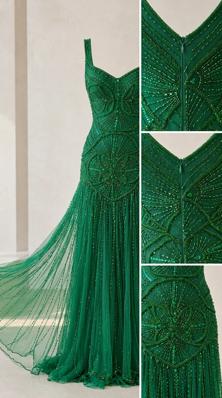 Close-up details of emerald green beaded embroidery and back zipper