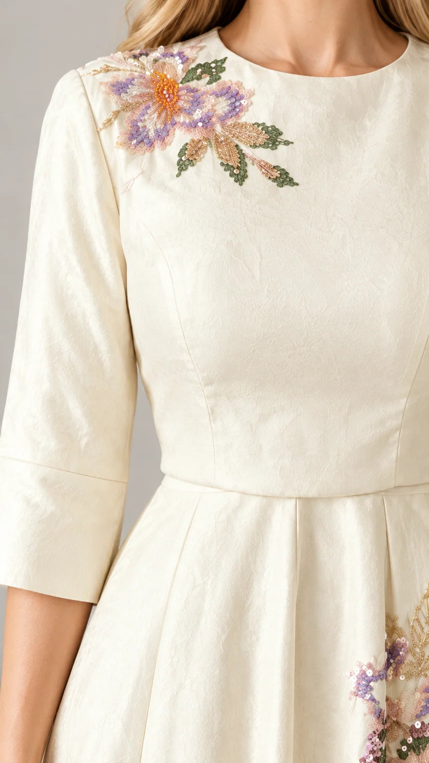 Close-up detail of floral embroidery on the shoulder and neckline of Cream dress