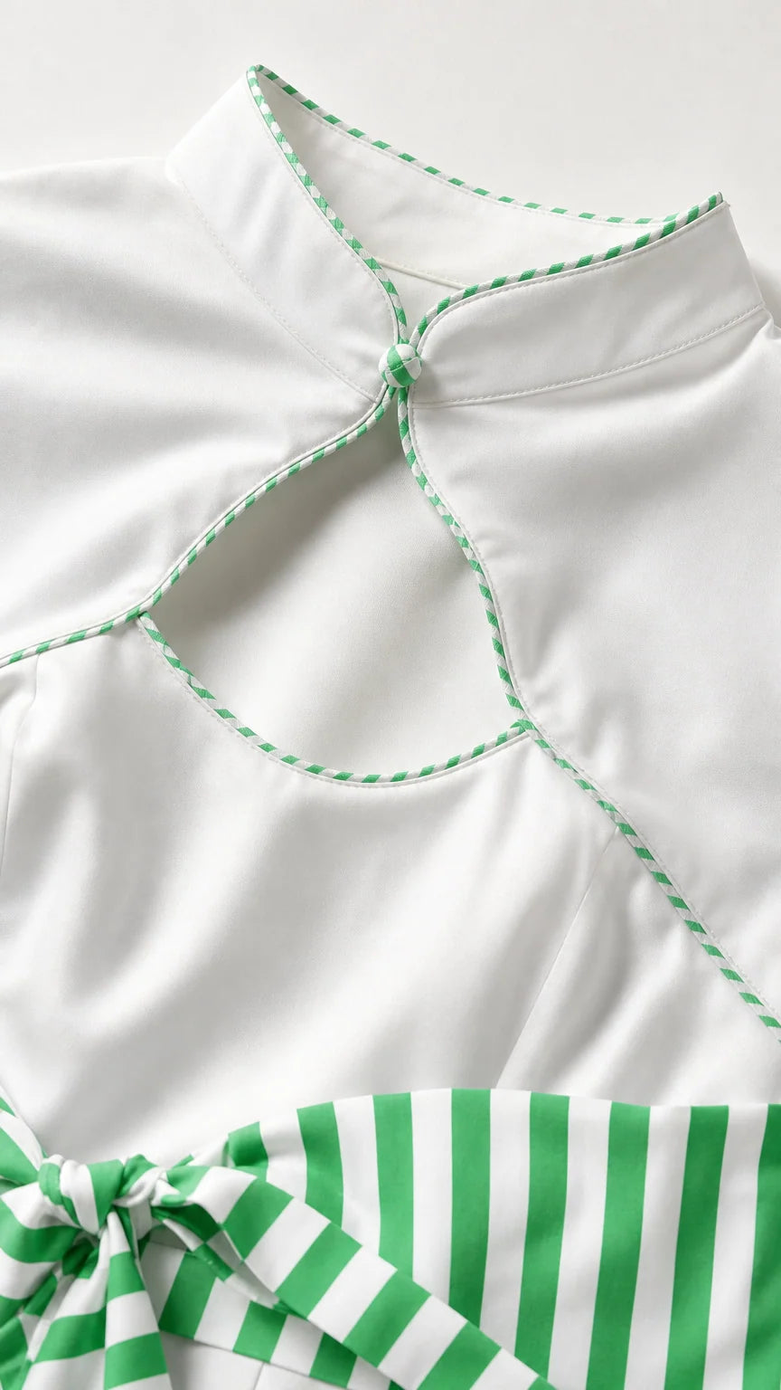 Close-up detail of mandarin collar, keyhole, and green piping