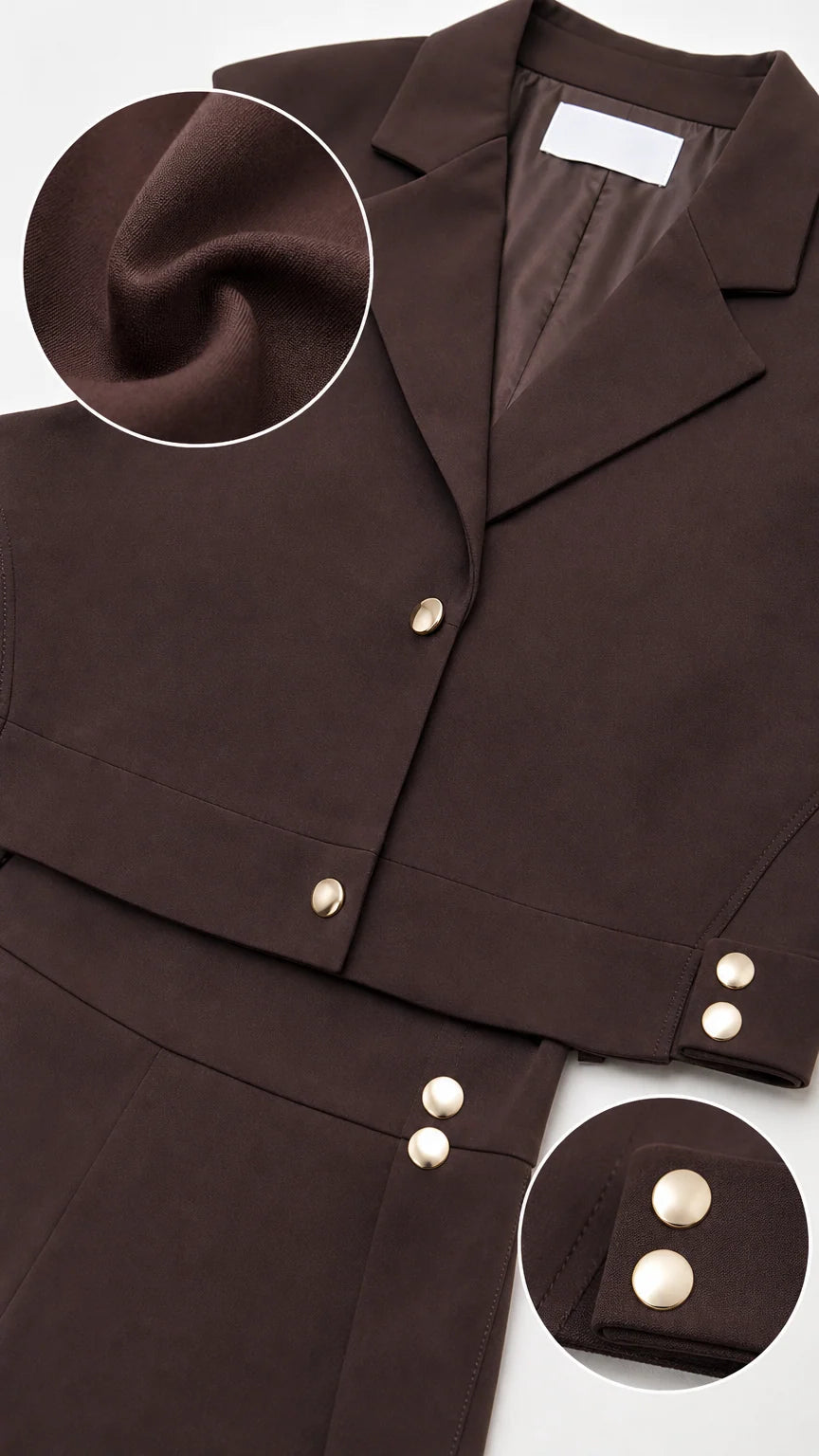 Close-up detail of brown fabric texture, notched lapel, and metallic button accents