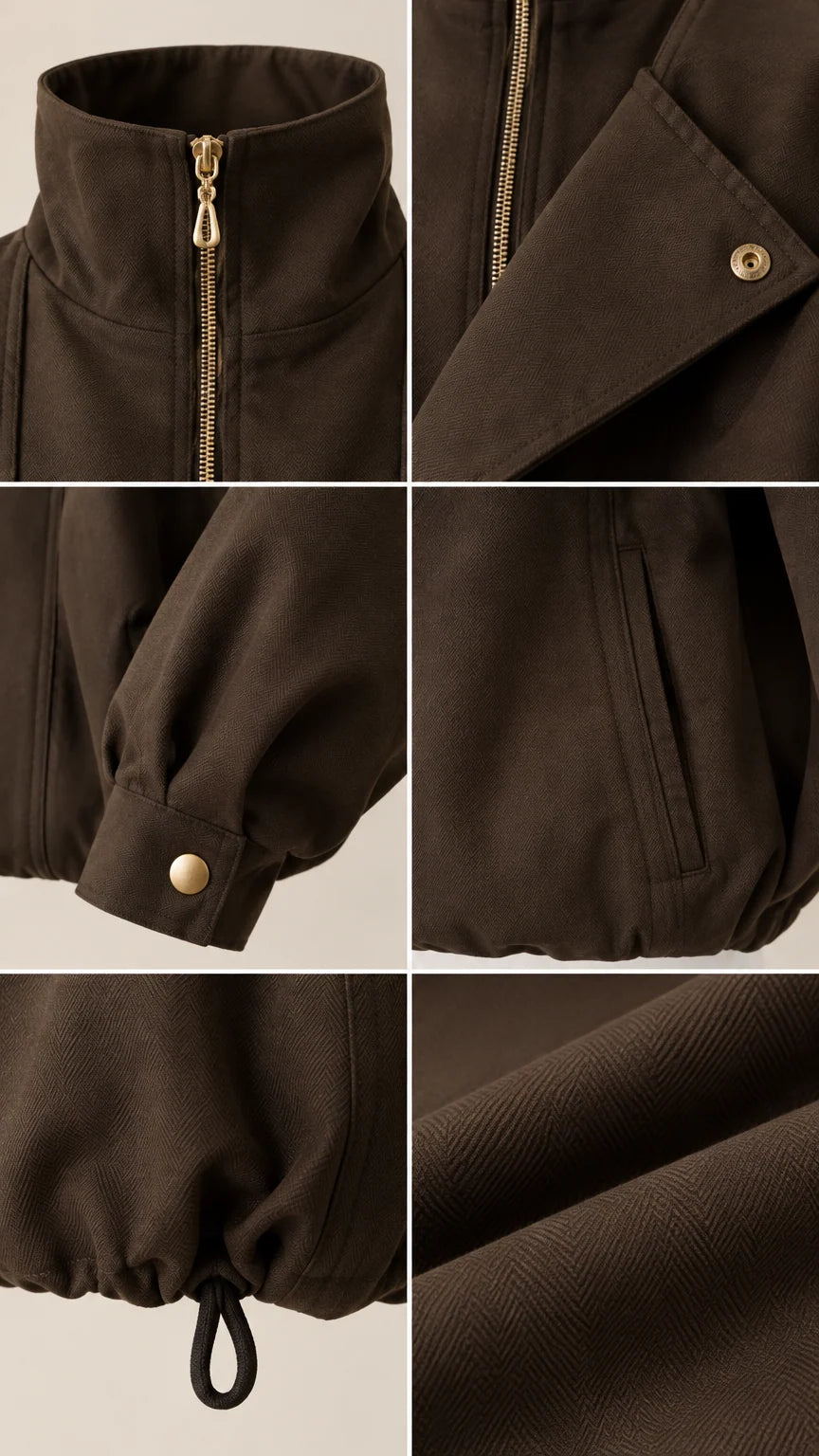 Close-up details of dark brown jacket showing zipper, asymmetrical snap flap, button cuff, pocket, toggle hem, and twill weave