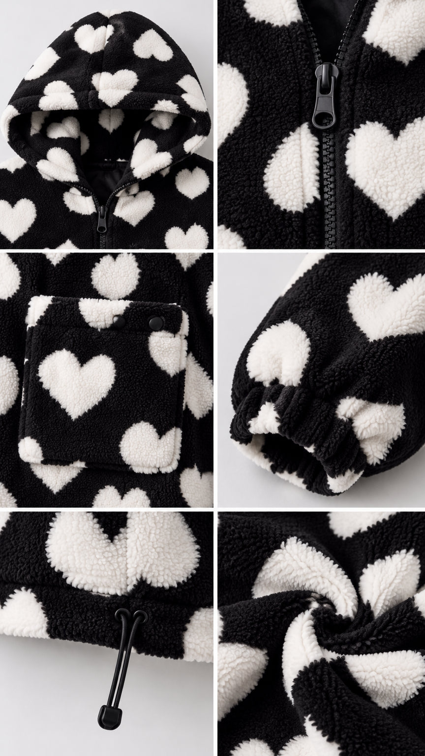 Close-up details of heart fleece jacket hood, zipper, pocket, and plush fabric