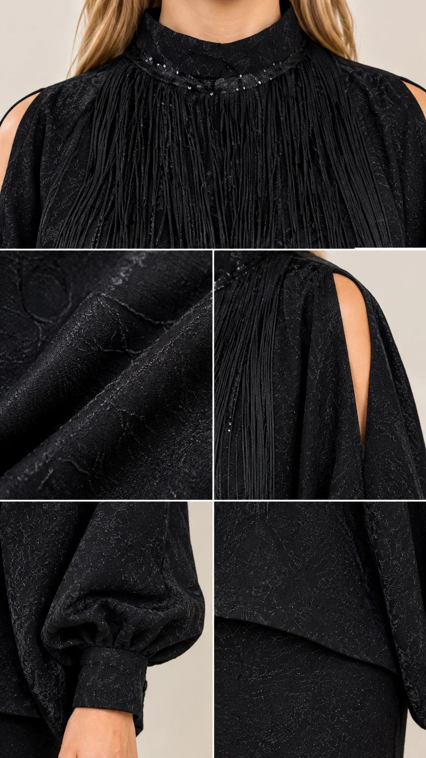 Close-up details of embellished neckline, shoulder cutout, textured fabric, and sleeve cuff