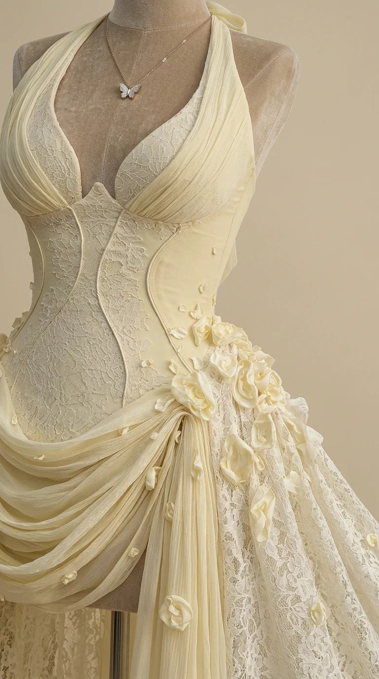 Close-up detail of Champagne corset bodice with floral appliqués and boning