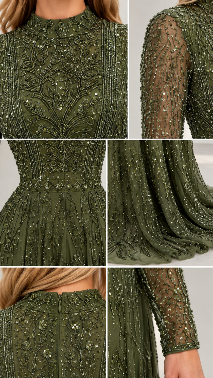 Close-up details of intricate beading, sequins, neckline, and sheer sleeves
