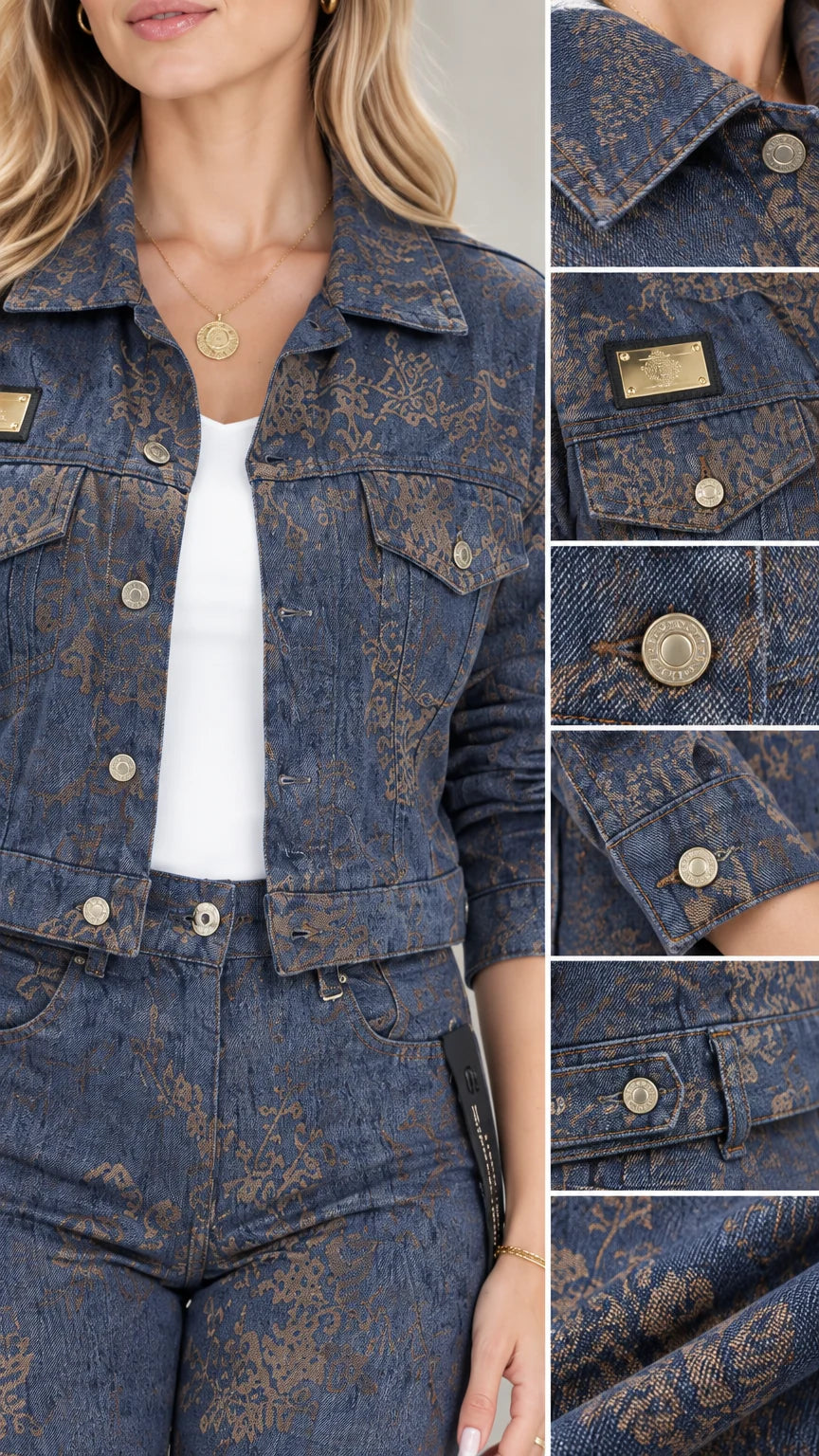 Close-up details of collar, buttons, pockets, and textured floral fabric on Denim Blue jacket set