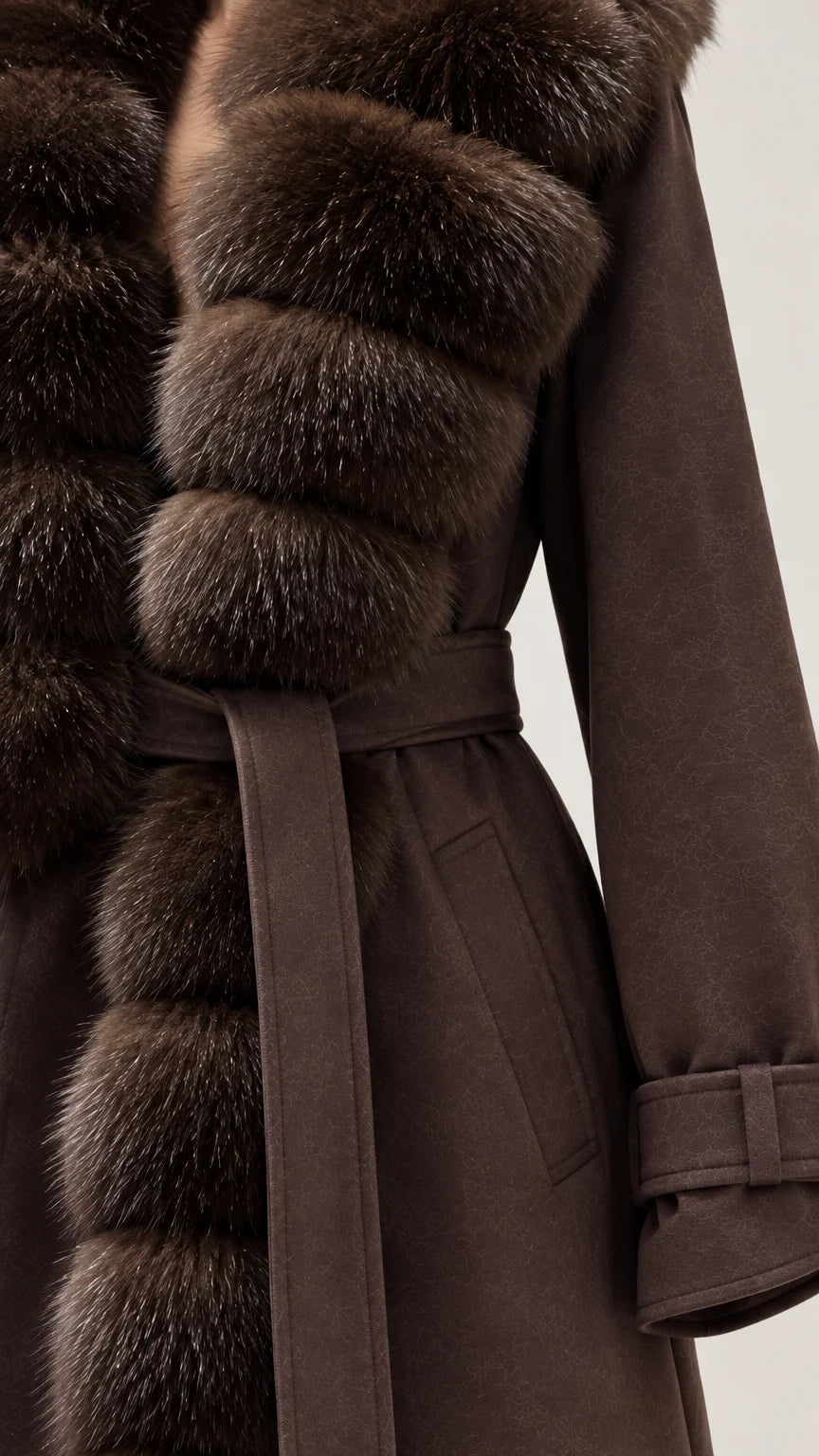 Close-up detail of plush faux fur collar and belted waist on brown coat