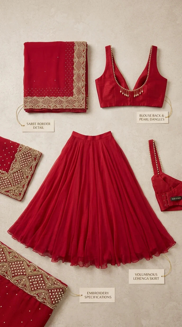 Product flat lay of crimson red lehenga skirt, embroidered blouse, and detailed border specifications