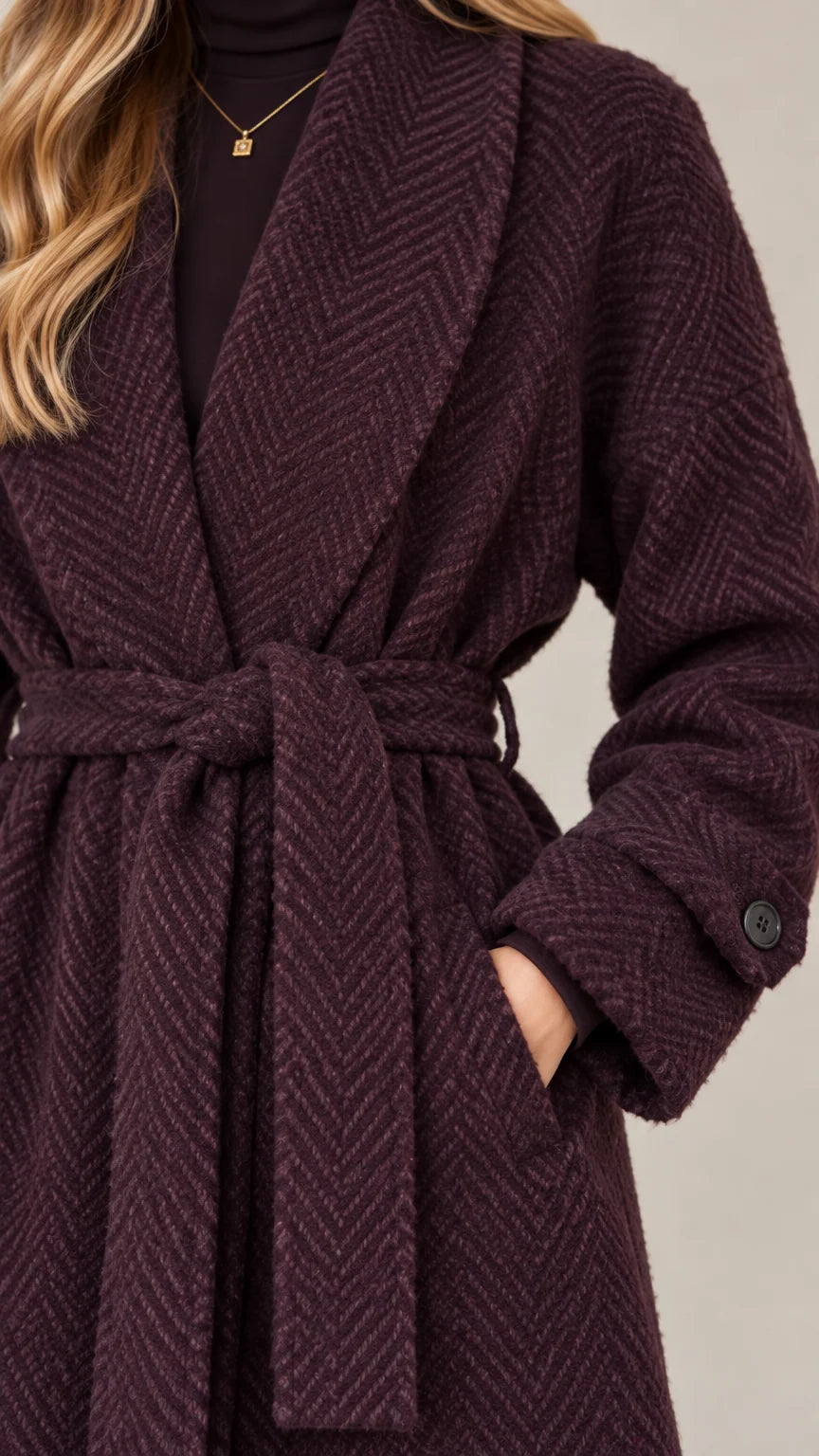 Close-up detail of herringbone textured fabric, lapel, and tie belt