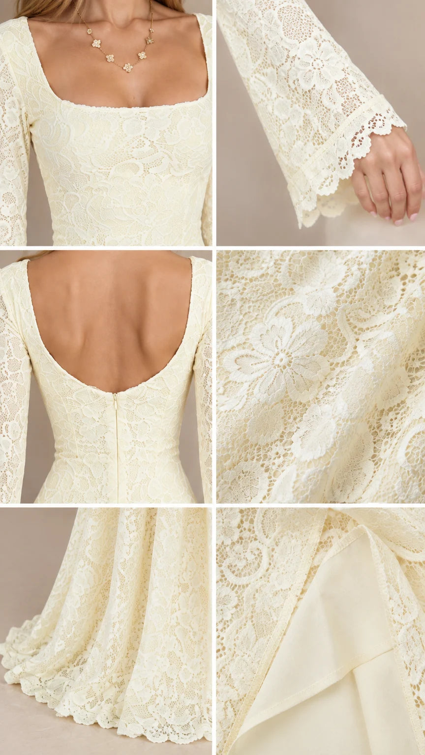 Close-up details of Ivory lace neckline, bell cuffs, back zipper, and hem lining