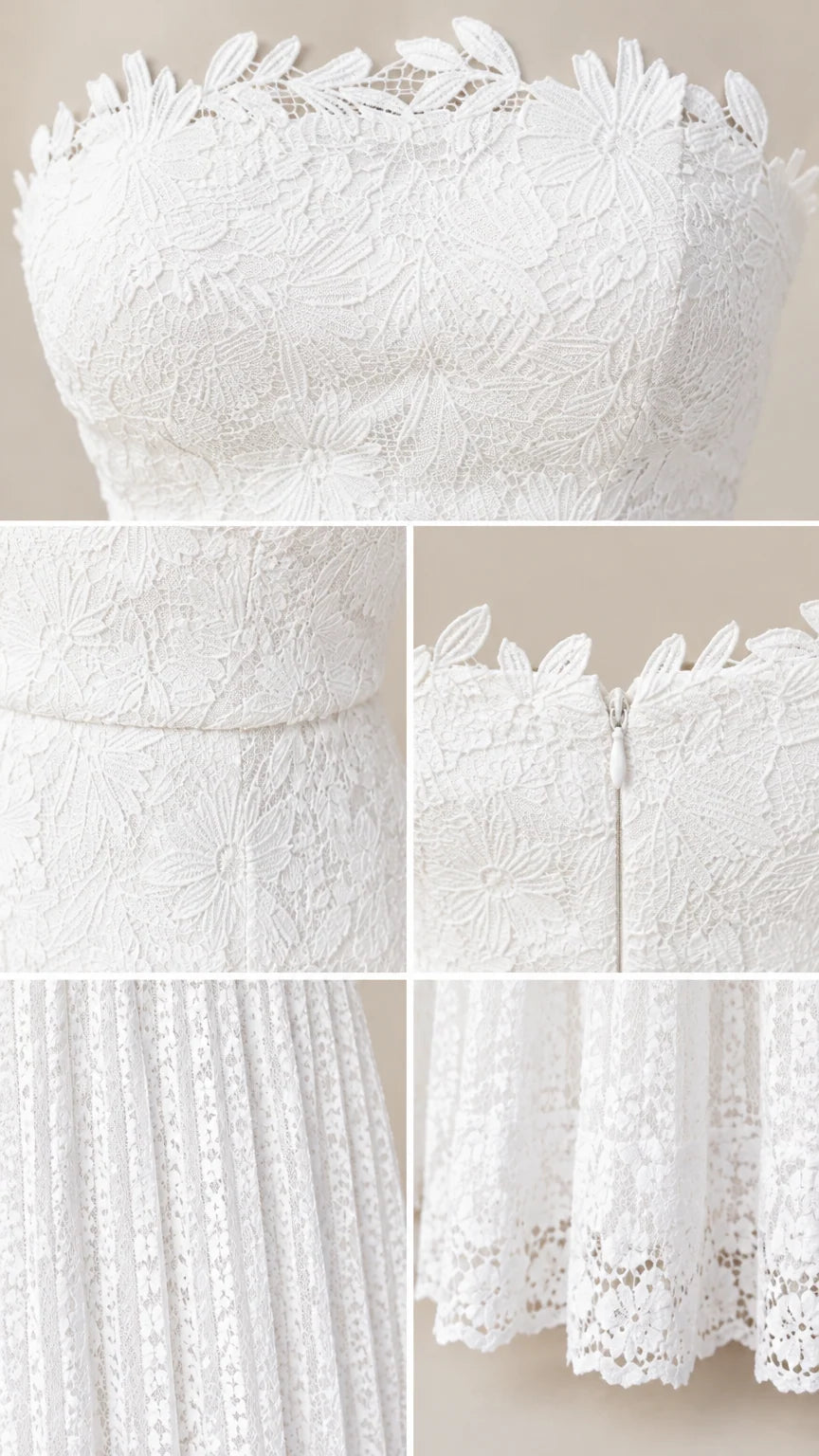 Close-up details of floral scalloped neckline, waist seam, zipper, and pleated lace hem