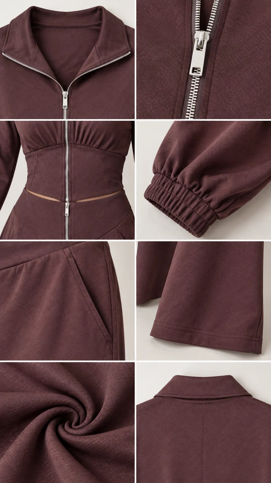 Close-up detail shots of zipper, collar, waistband, cuff, pockets, and fabric texture in chocolate brown