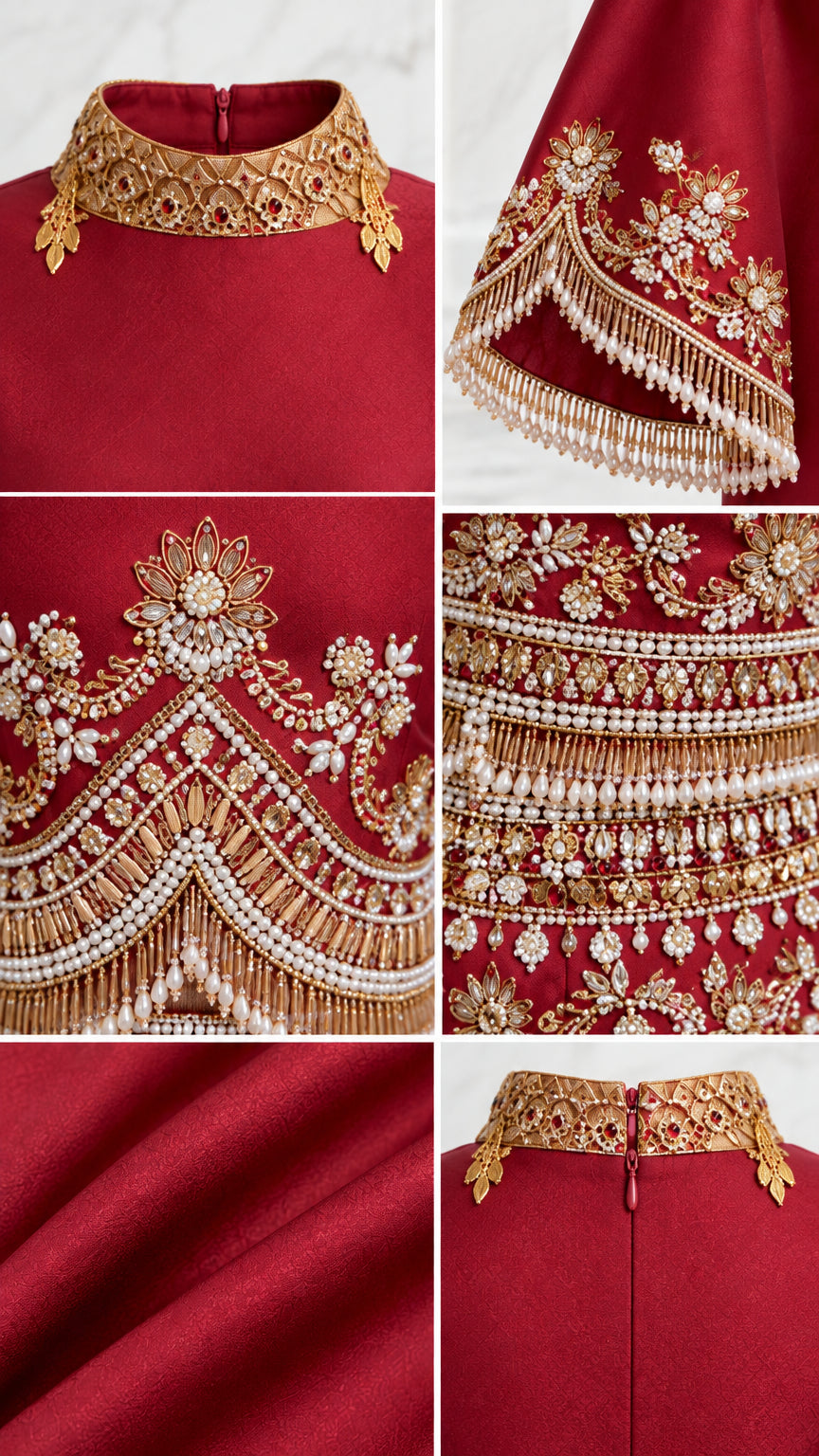 Close-up of gold-tone neckline, sleeve, waist embellishment, fabric, and back zip details