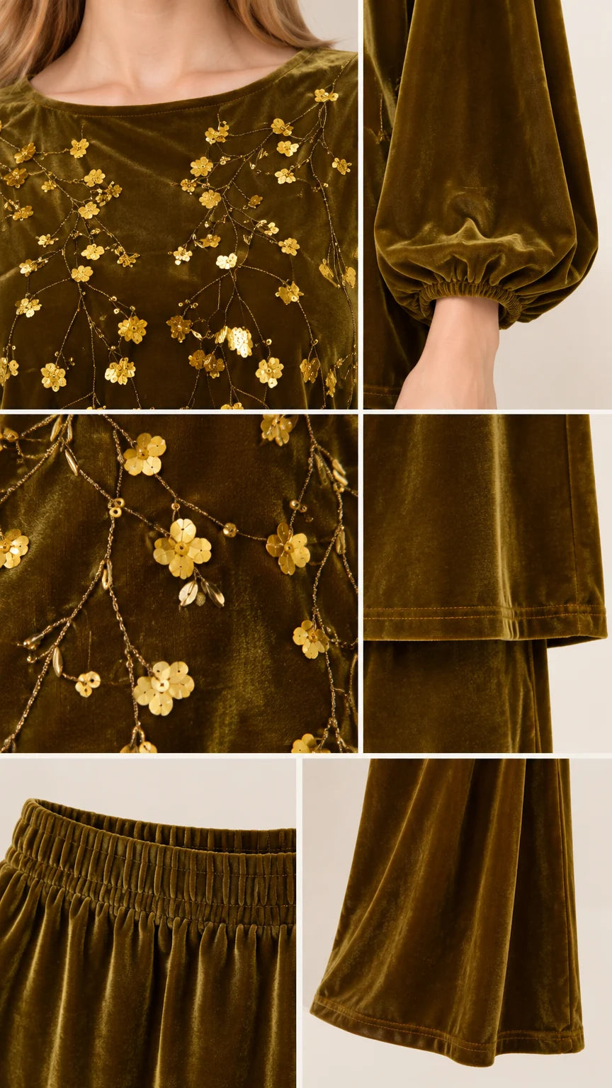 Detailed close-ups of velvet texture, sequin embroidery, elastic cuffs, and hem