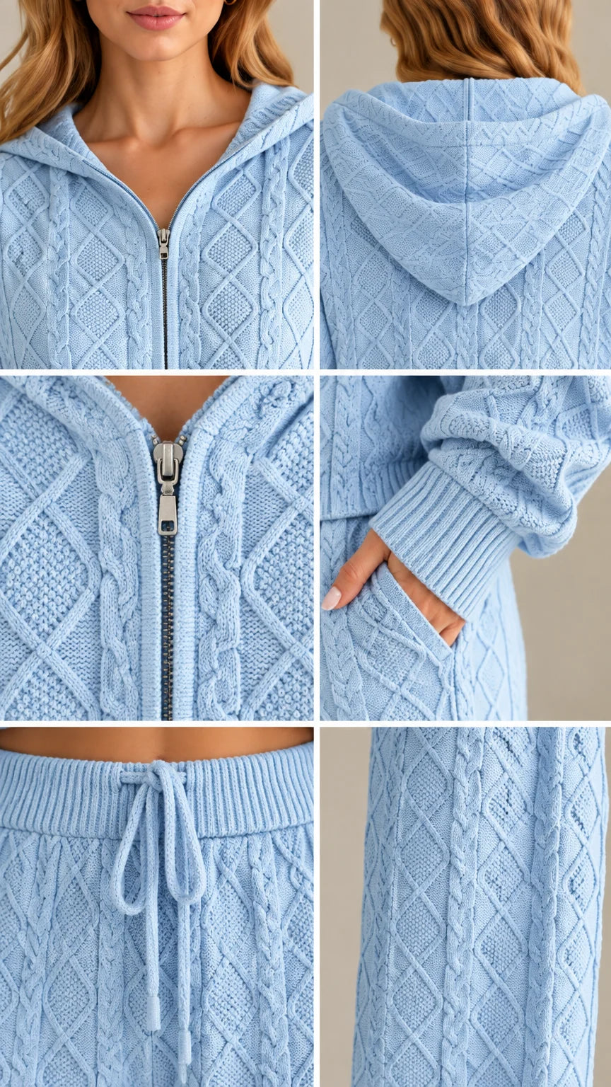 Close-up details of light blue cable knit pattern, zipper, hood, pocket, and drawstring waist