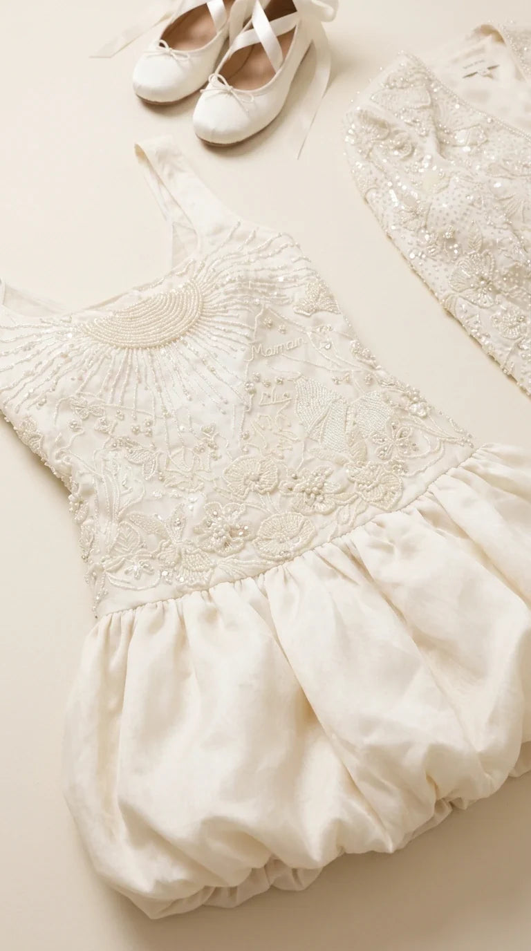Flat lay close-up of intricate beading and embroidery on ivory mini dress bodice