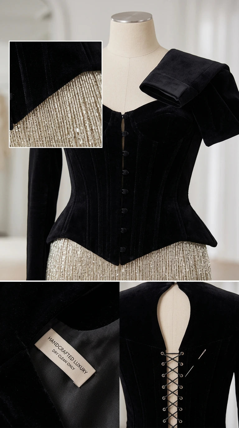Close-up details of velvet corset boning, front fastenings, and tassel fringe fabric