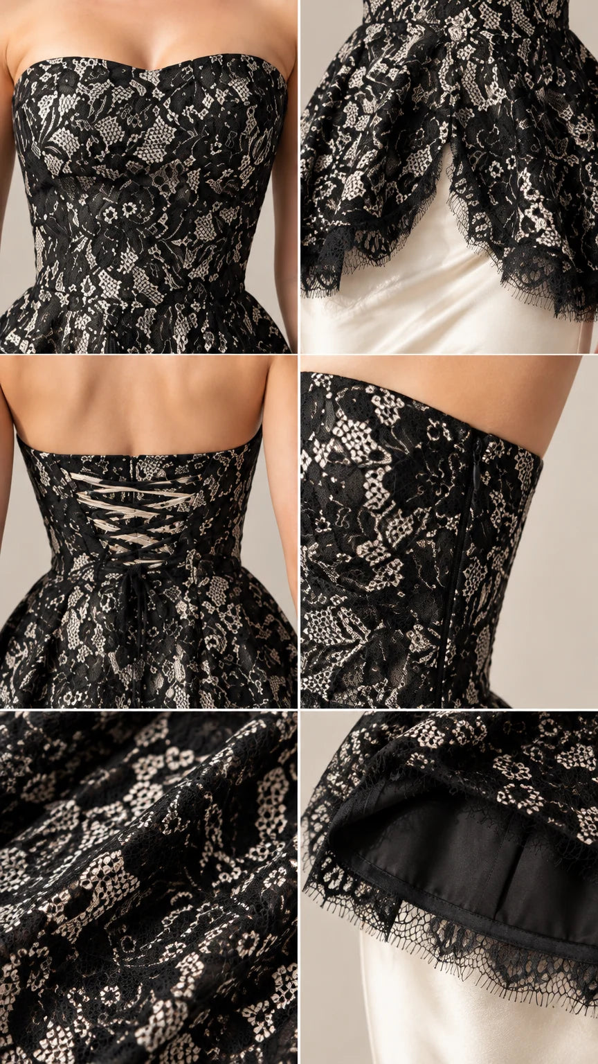Detailed collage highlighting lace sweetheart neckline, corset lacing, and peplum hem