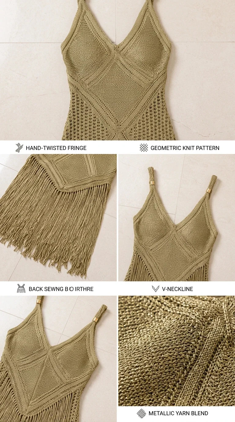 Detailed close-up collage showing the fringe hem, neckline, back, and metallic yarn knit texture