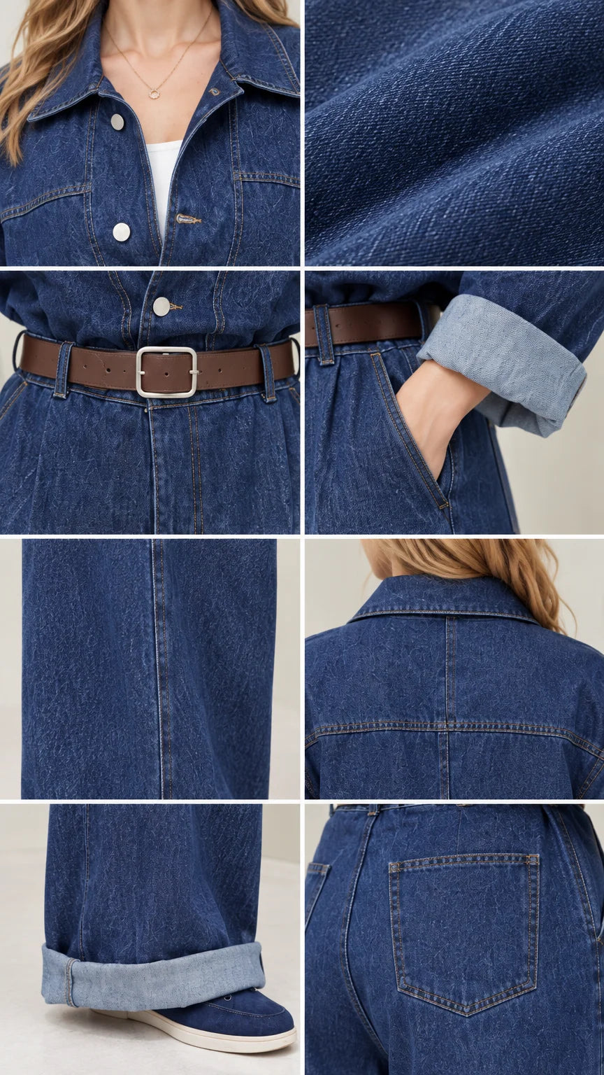 Close-up details of collar, button placket, denim texture, belt, side pockets, and cuffed hem