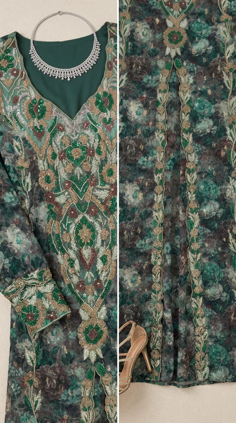 Close-up detail of embroidered neckline, cuffs, and floral print fabric