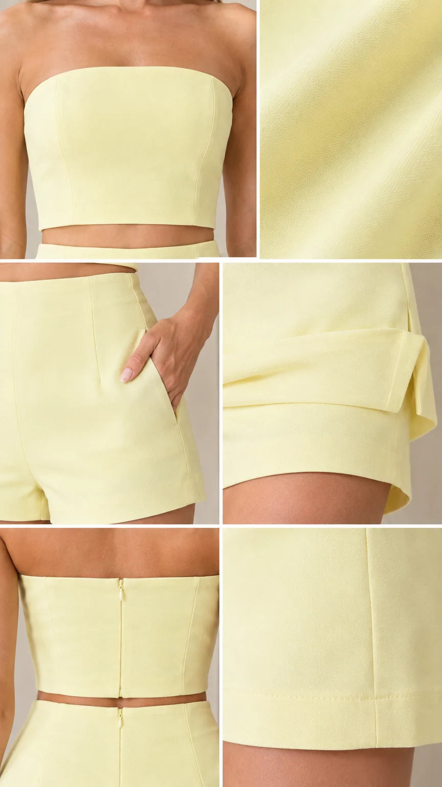 Detailed close-up shots of pale yellow crop top fabric, shorts pocket, and layered hem tailoring