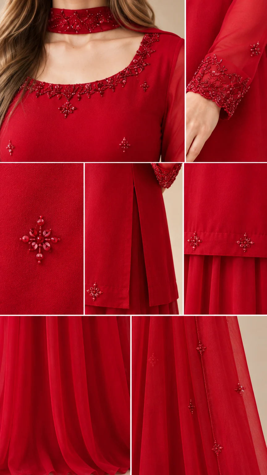 Close-up details of red beaded neckline, choker collar, side slit, and cuffs