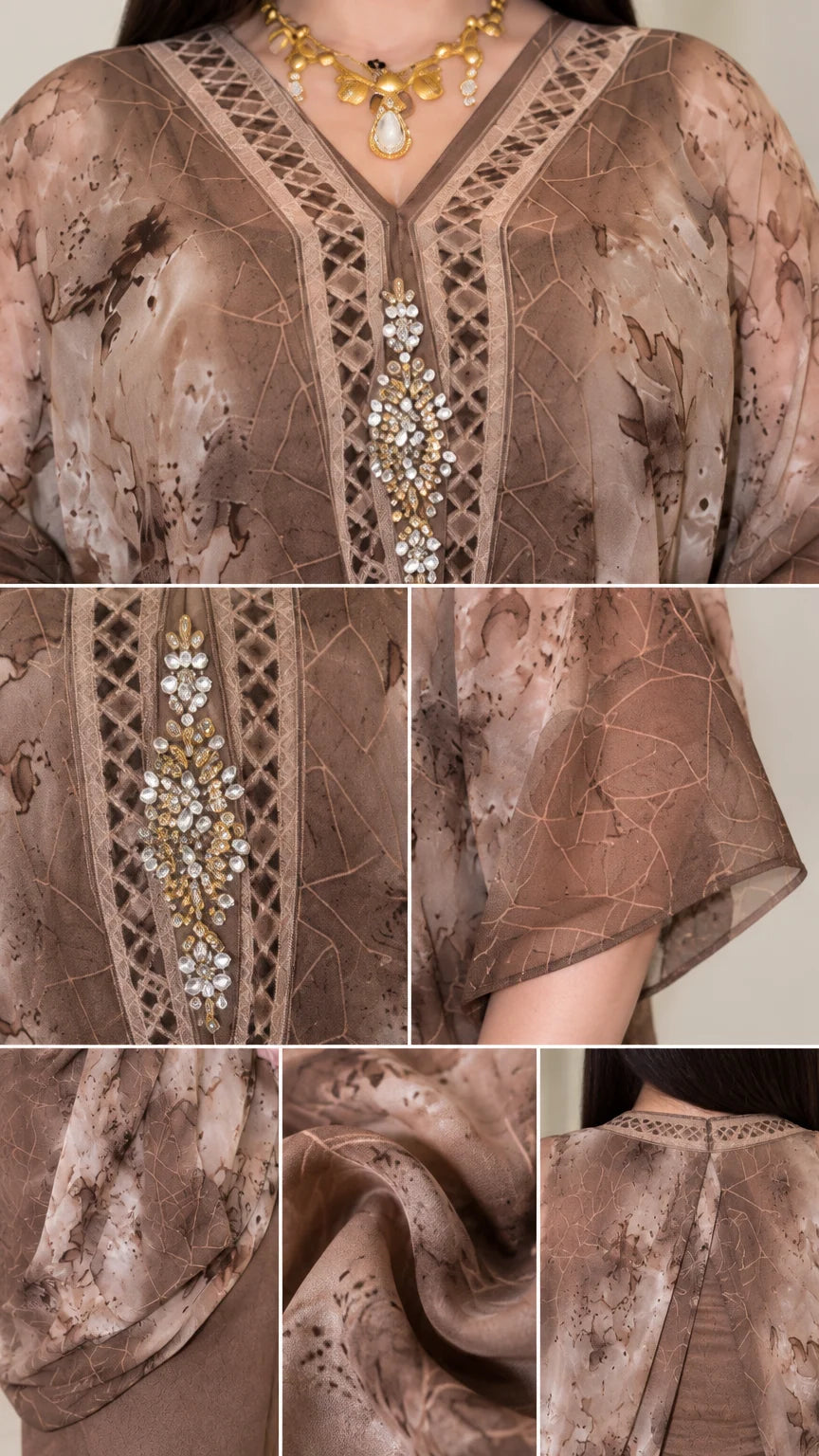 Close-up details of rhinestone neckline embellishments and sheer printed chiffon fabric