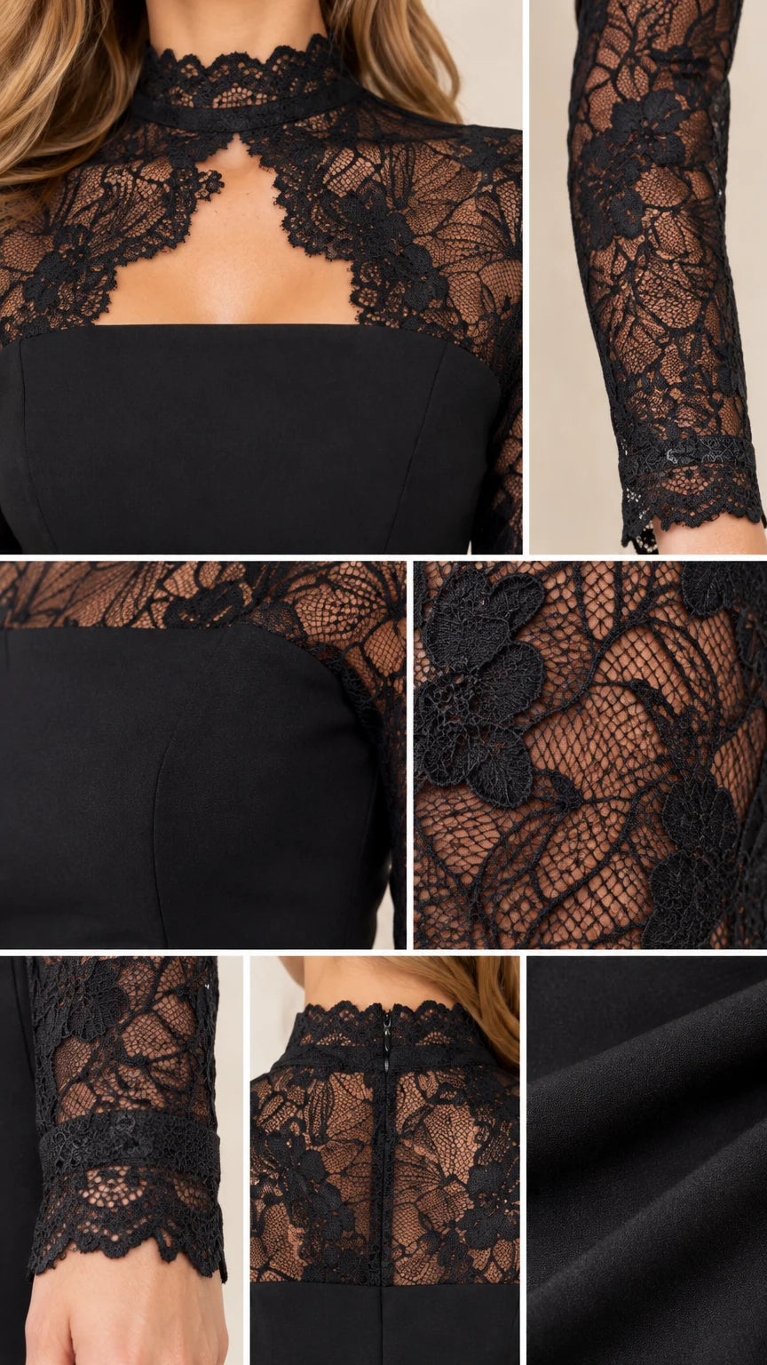 Close-up details of black floral lace neckline, bodice texture, and scalloped sleeves