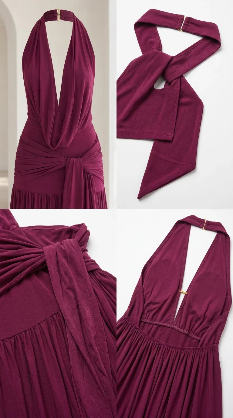 Close-up details of burgundy halter neckline, waist draping, and back closure