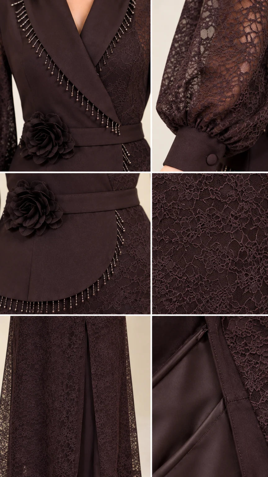 Close-up details of beaded trim, sheer lace fabric, rosette accent, and sleeve cuffs