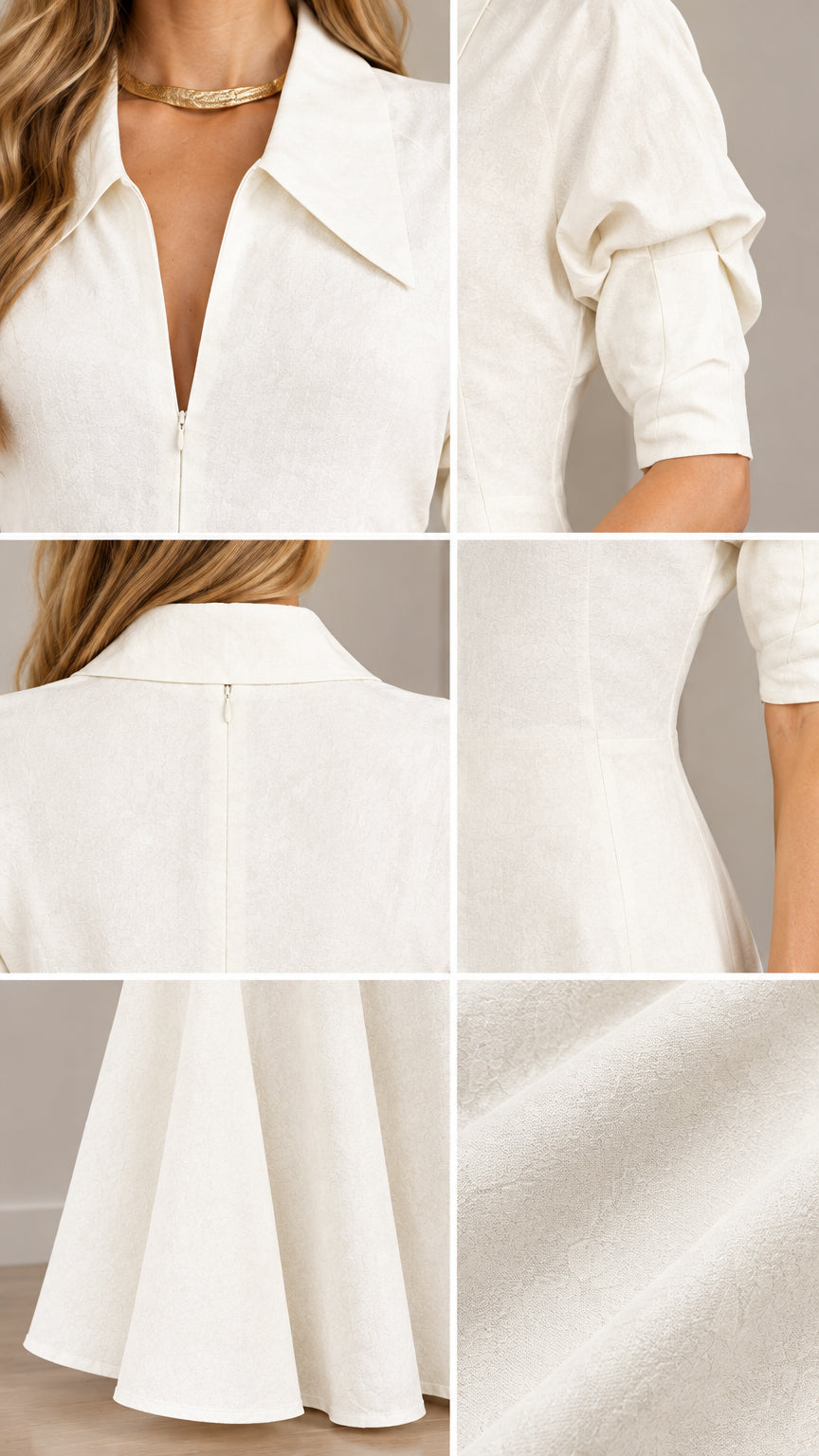 Close-up details of collar, sleeve ruching, and fabric texture on Ivory White jumpsuit