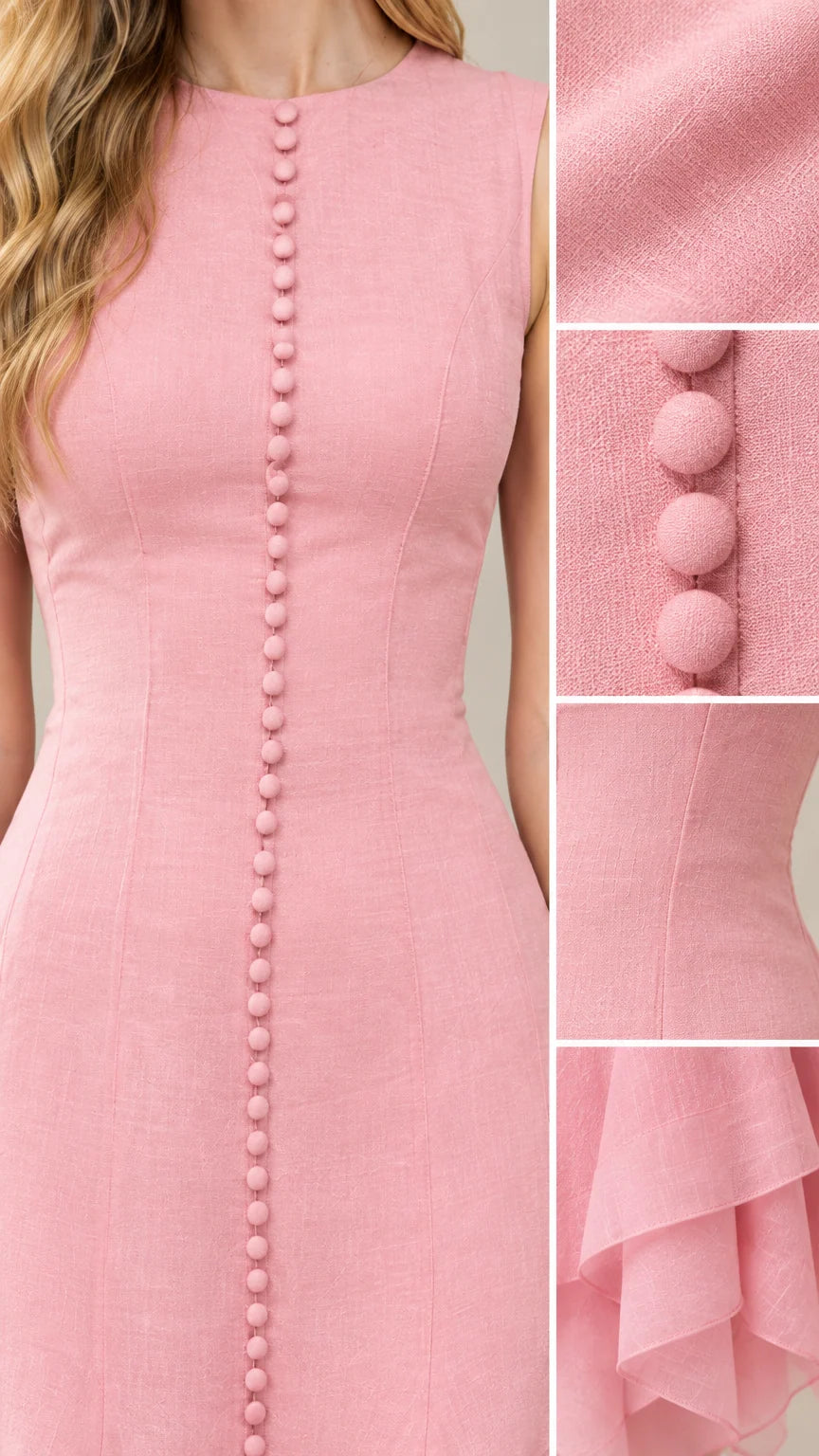 Close-up details of jewel neckline, fabric texture, and covered button front on pink dress