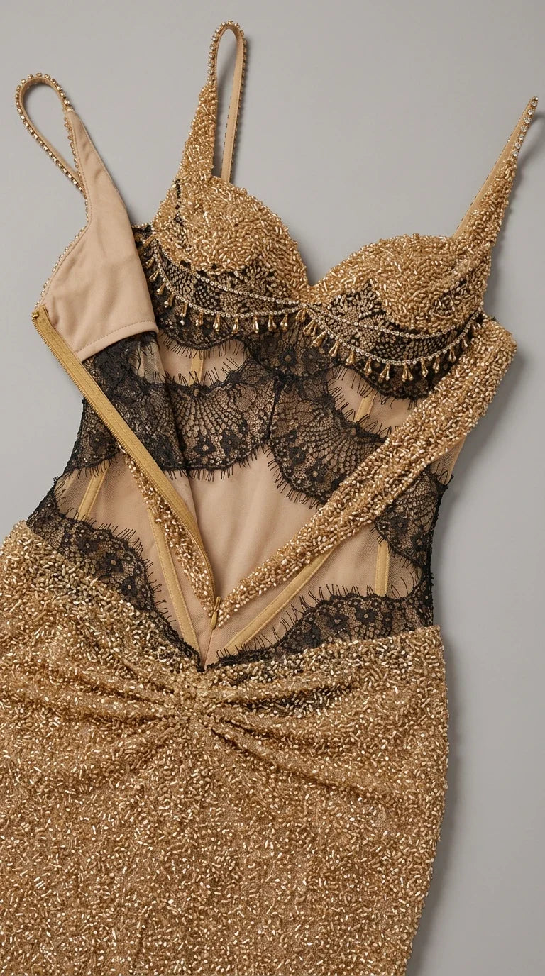 Close-up detail of sweetheart neckline, beaded texture, and sheer black lace waist cutout