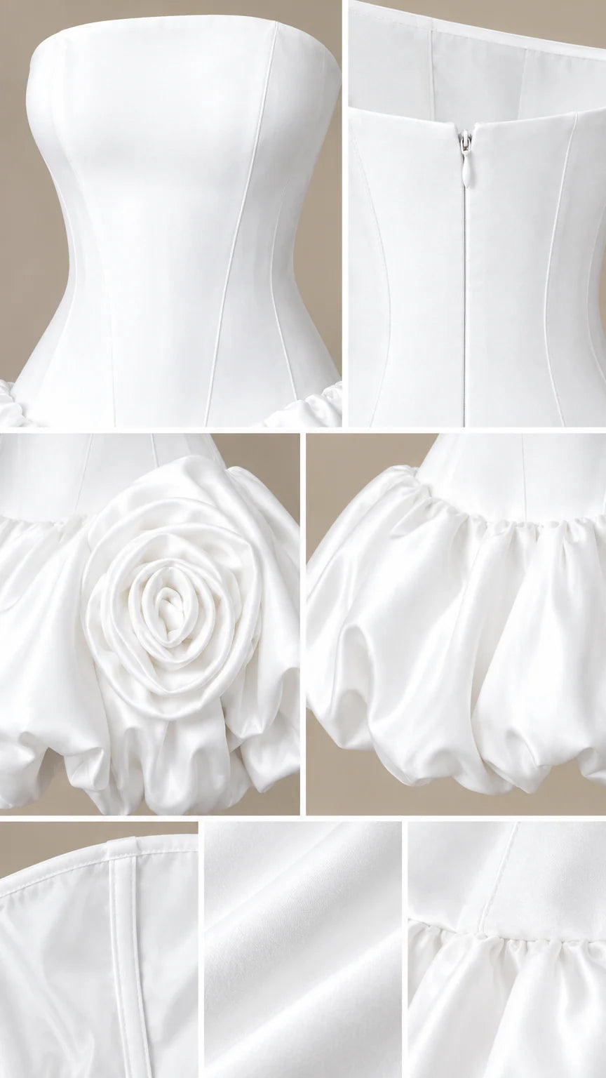 Close-up detail collage showing corset boning, hidden back zipper, 3D rosette, and bubble hem fabric