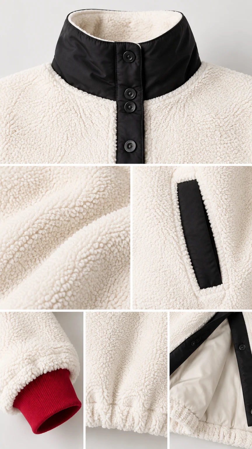 Close-up details of fleece fabric texture, buttoned collar, side pocket, and red ribbed cuff