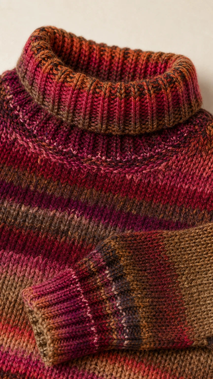 Close-up detail of Burgundy Multi textured ribbed turtleneck and knit cuff
